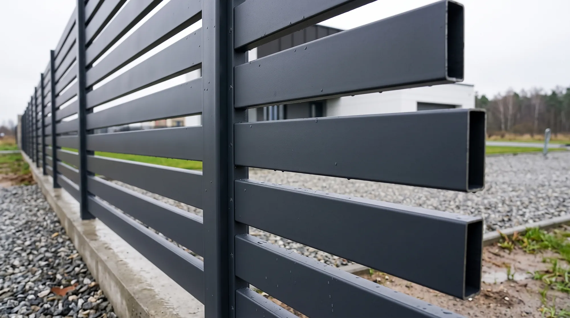 Close up render of the horizontal steel fence profile in anthracite, showing the slat edge and a post