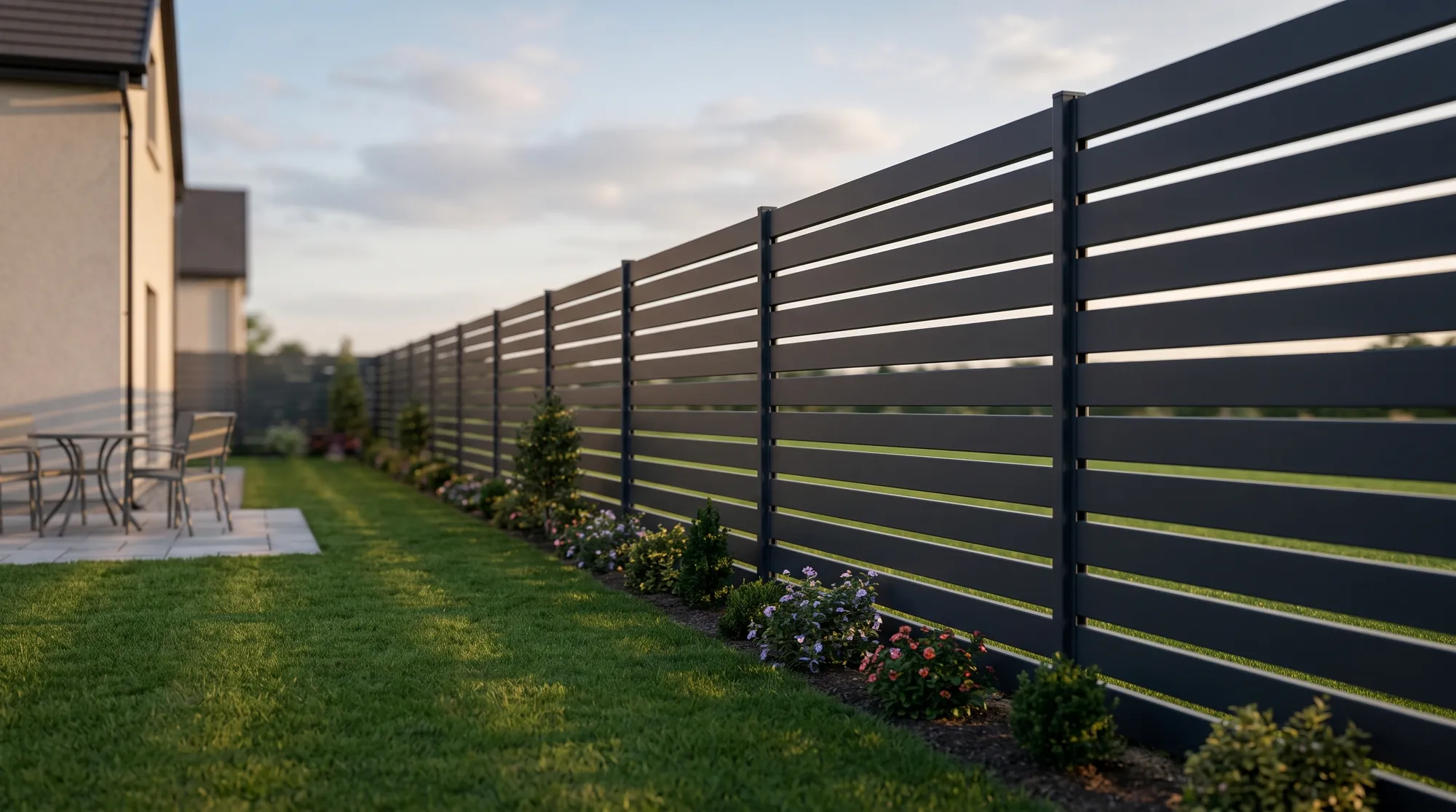 Horizontal steel tube rail fence in graphite