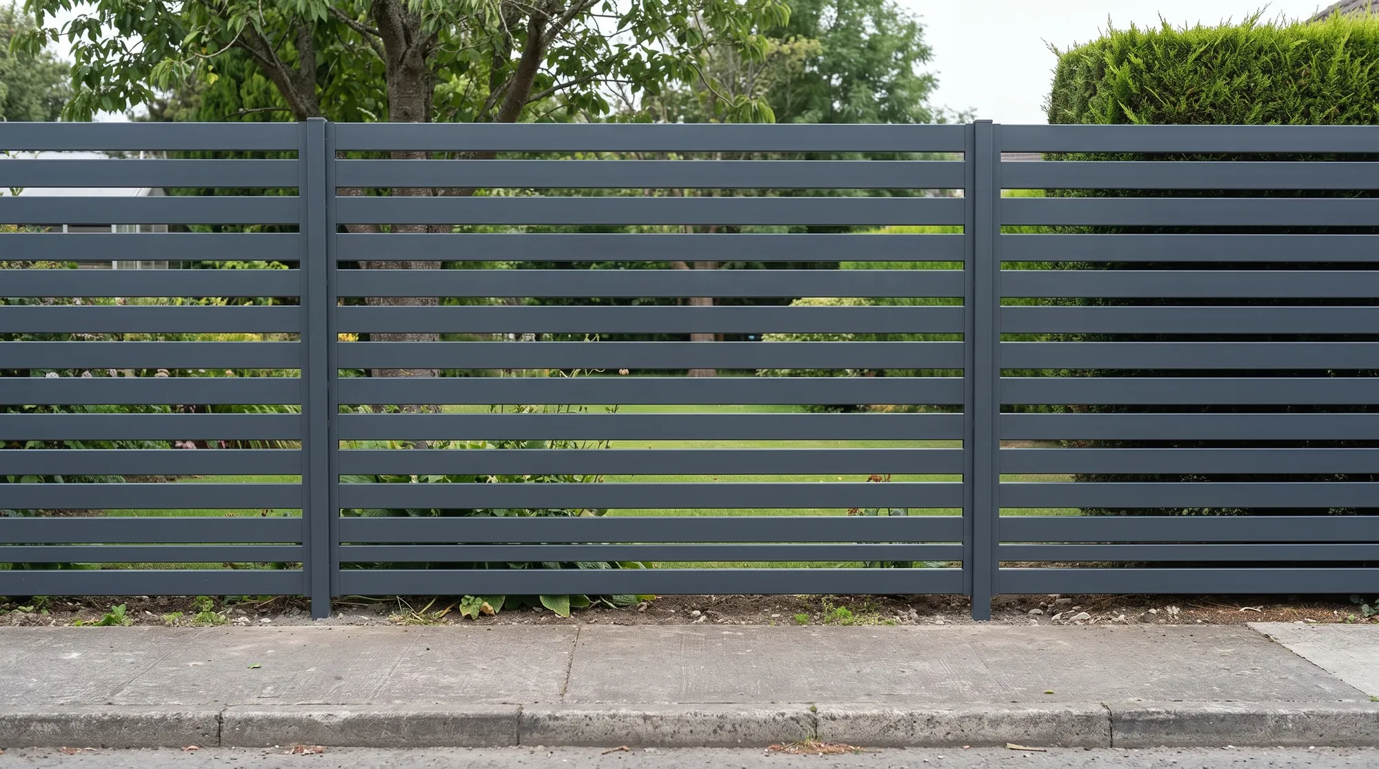 Render of the horizontal steel fence seen from the footpath on the street side