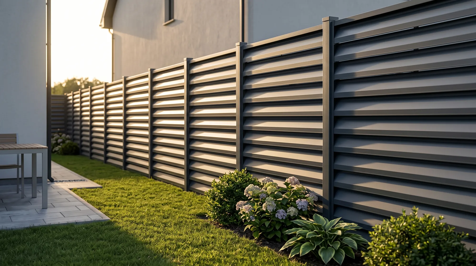 Jalousie louvred steel fence in wood finish