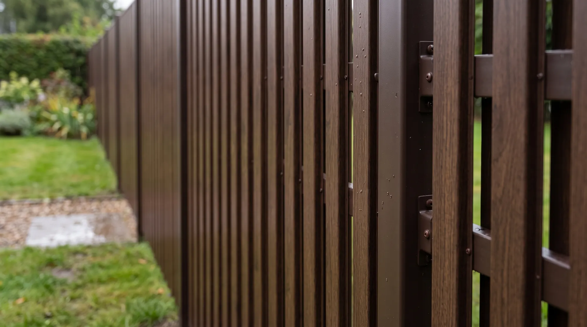 Close up render of the pine steel fence profile in anthracite, showing the slat edge and a post