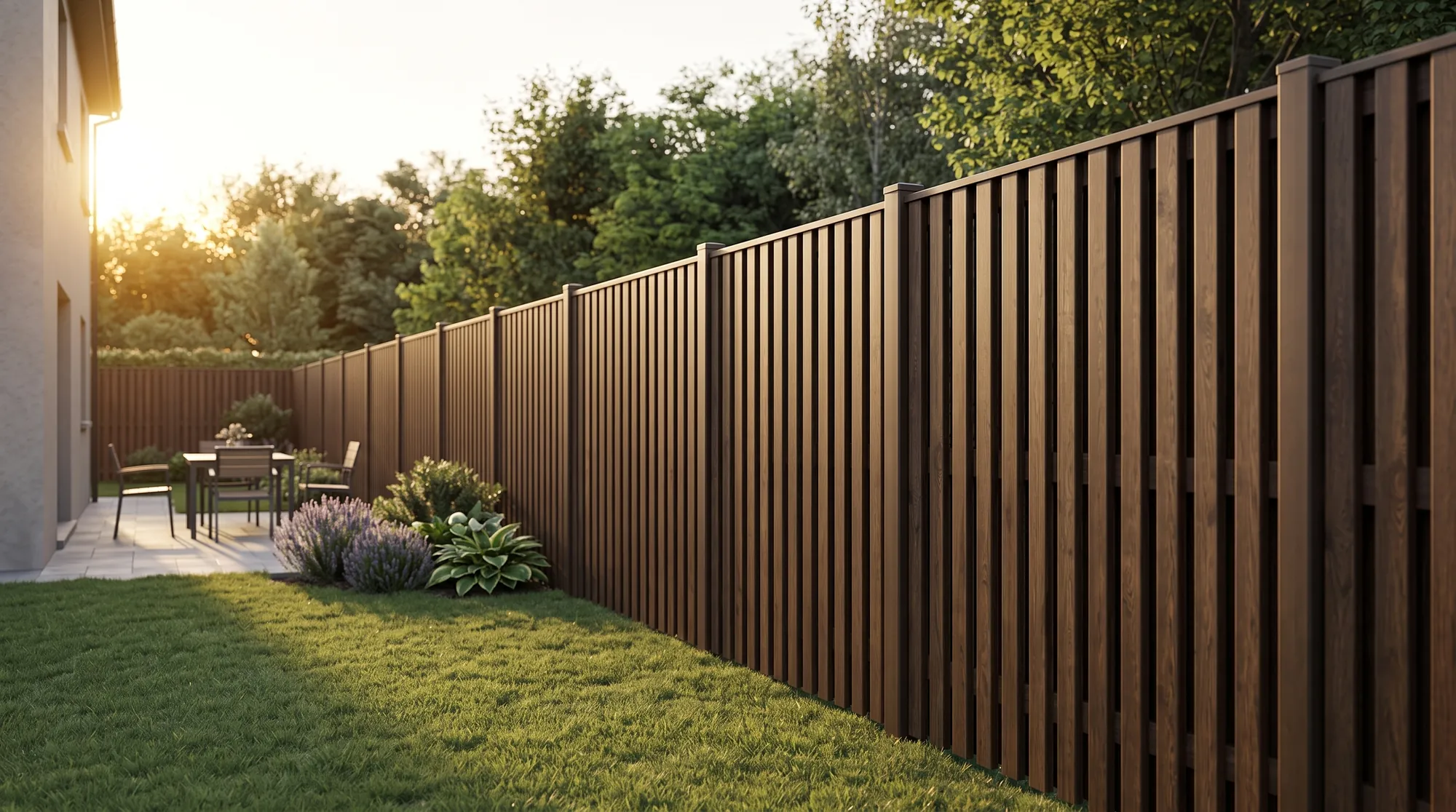 Pine profile steel fence in a wood shade, identical from both sides, fitted by F&G Fencing & Gates