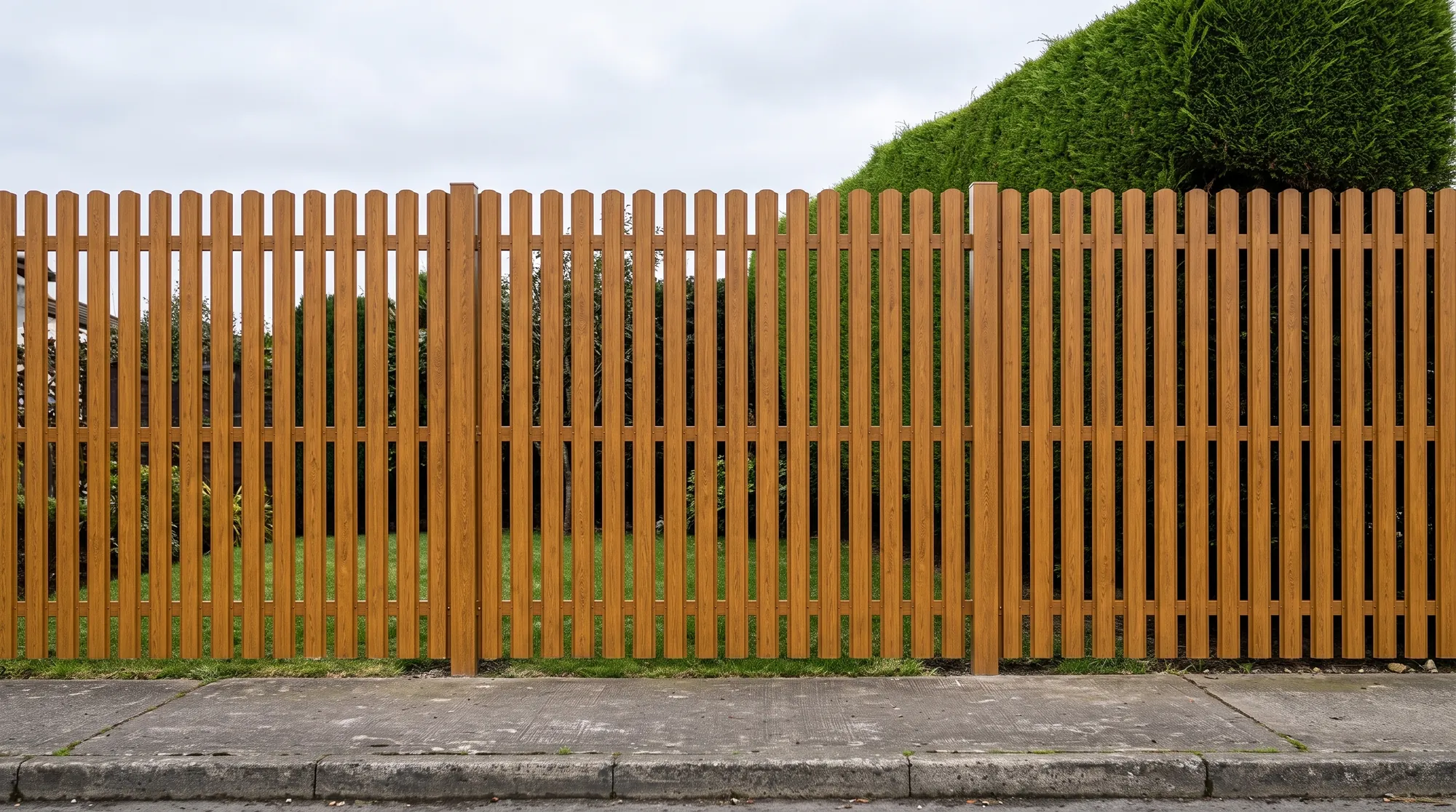 Pine steel fence in golden oak