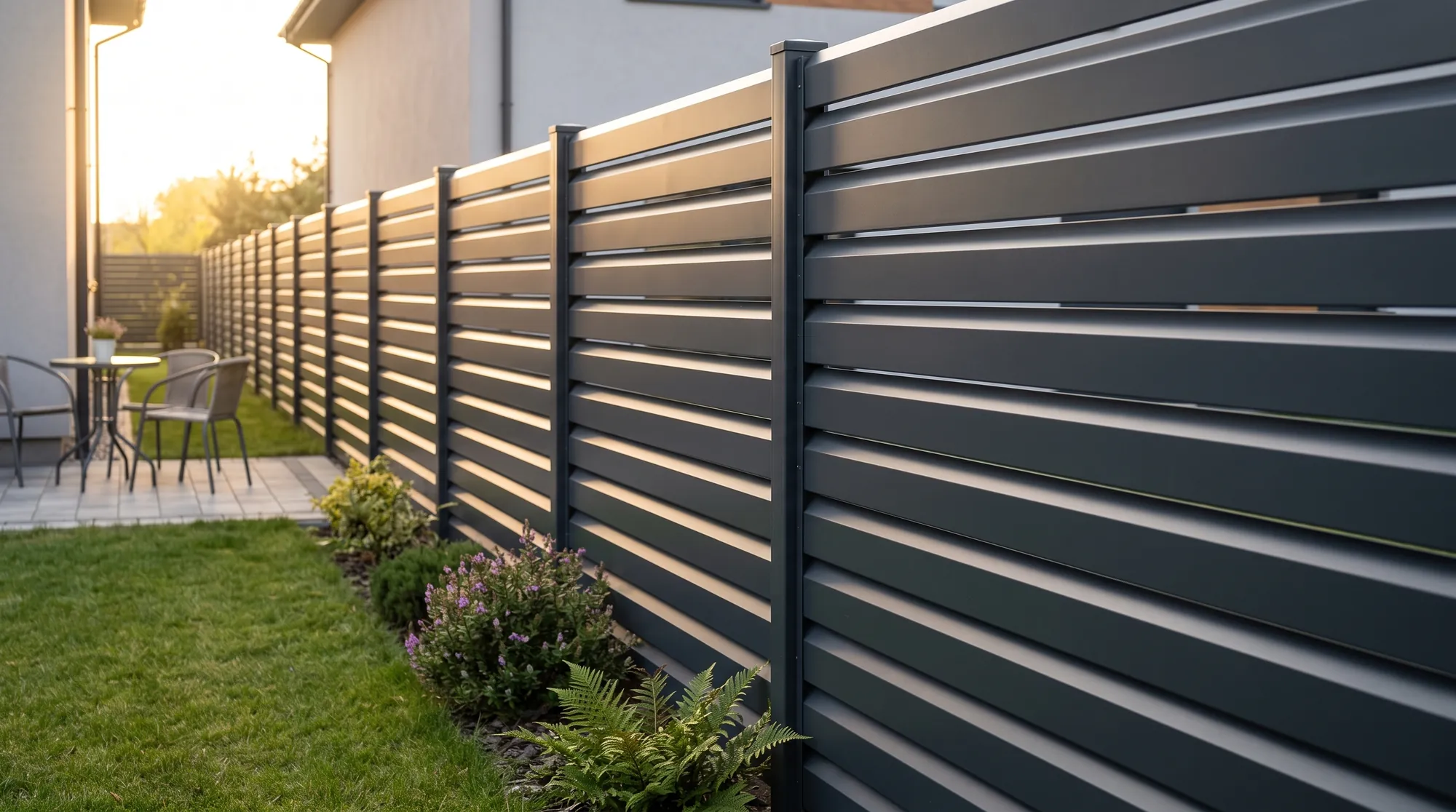 Anthracite rhombus steel fence running along a garden boundary, supplied and fitted by F&G Fencing & Gates, Mullingar