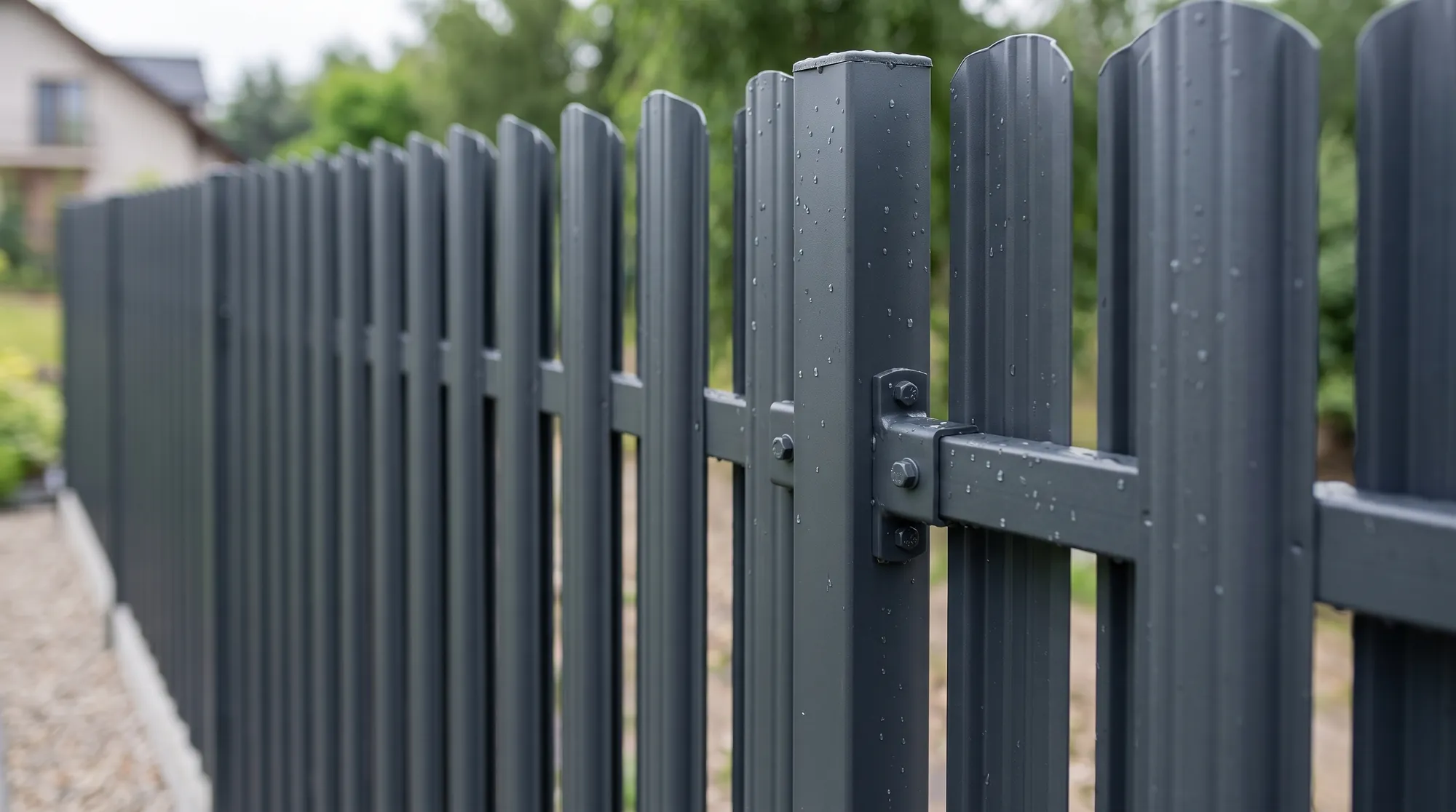 Close up render of the vertical steel fence profile in anthracite, showing the slat edge and a post