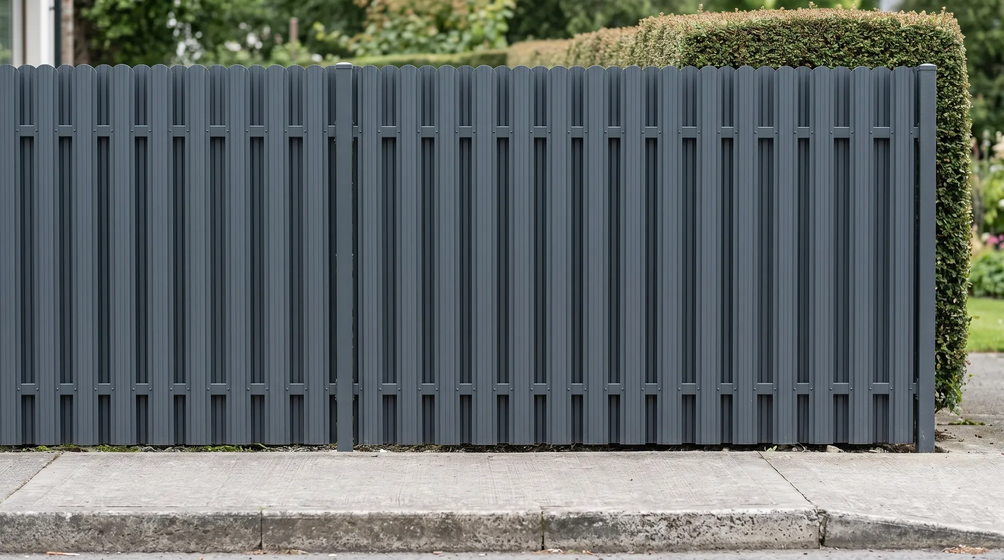 Render of the vertical steel fence seen from the footpath on the street side