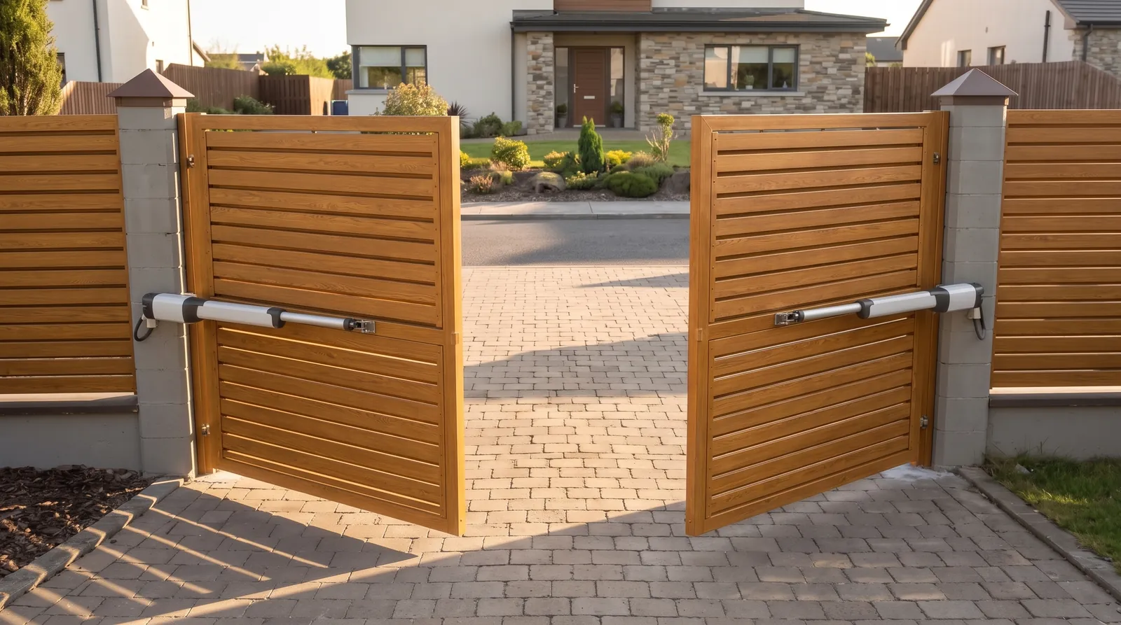 Automated double swing gates in a golden oak wood-effect finish, a ram opener on each leaf, gates standing part open