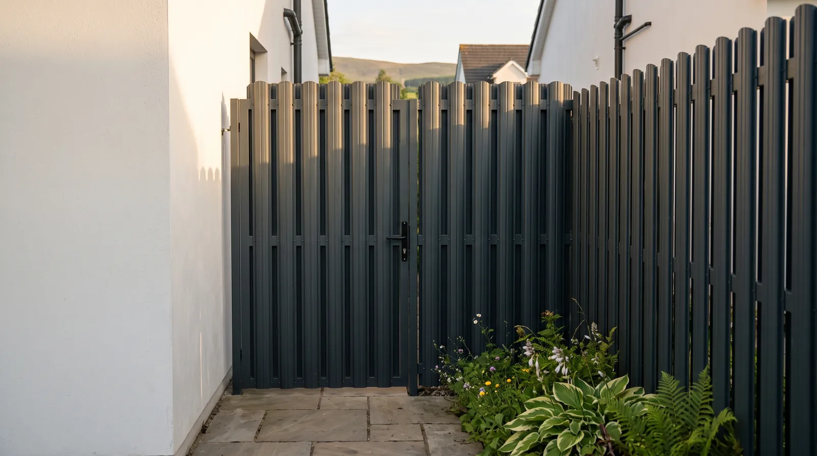 Anthracite vertical board side gate standing ajar in a side passage, matching fence alongside