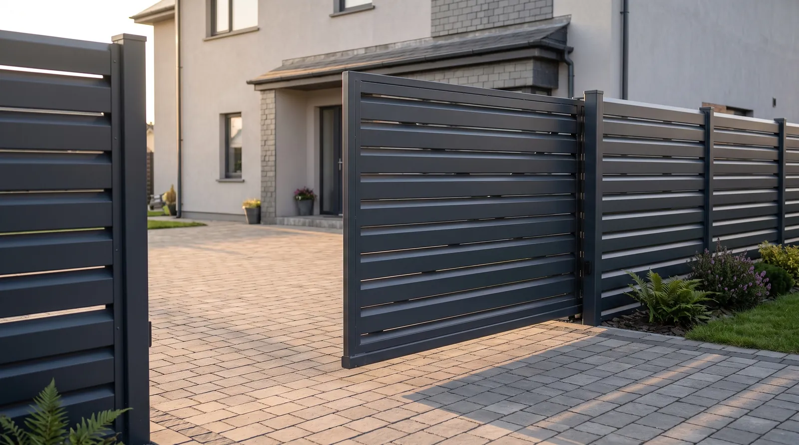 Anthracite rhombus cantilever sliding gate standing part open across a block-paved driveway, matching fence either side