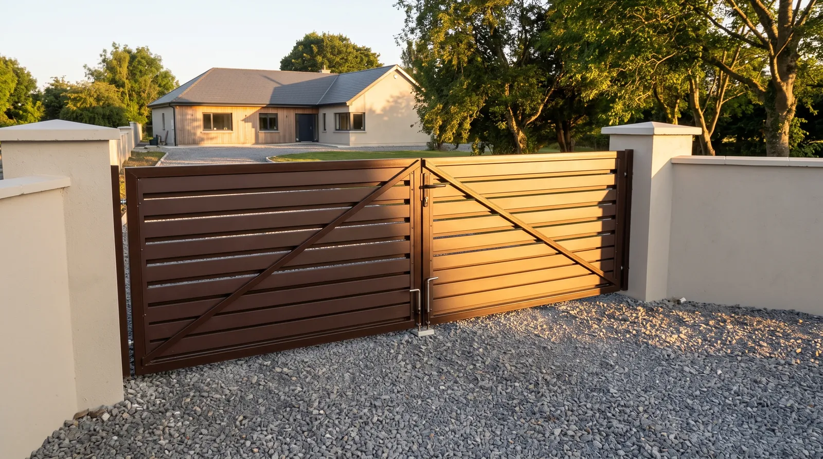 Chocolate rhombus double swing gates between rendered pillars, matching fence either side