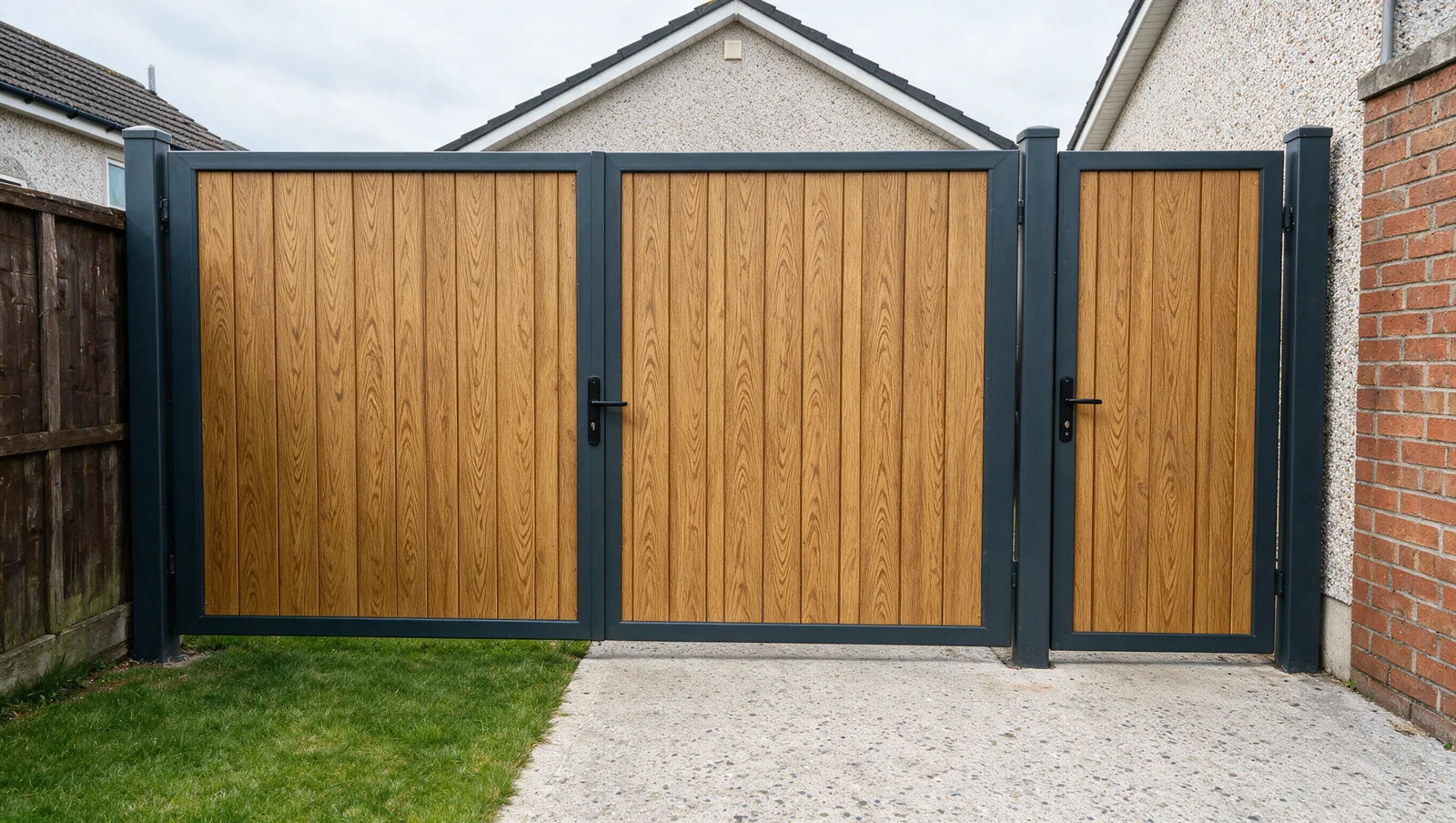 Golden oak vertical board double swing gates with side gate