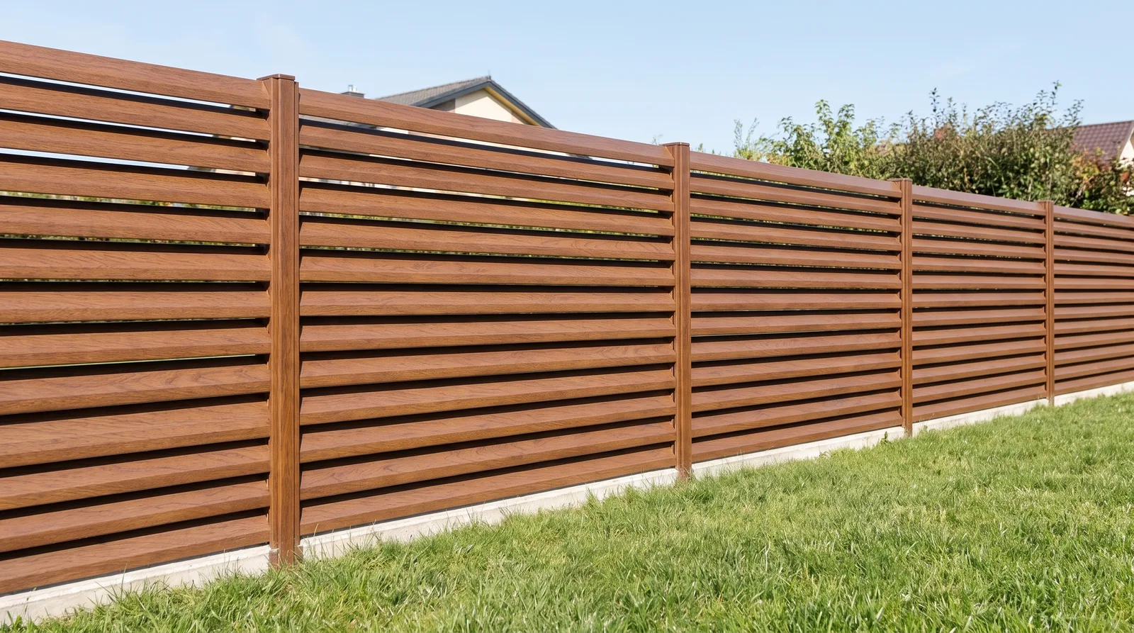 Jalousie louvred steel fence in wood finish