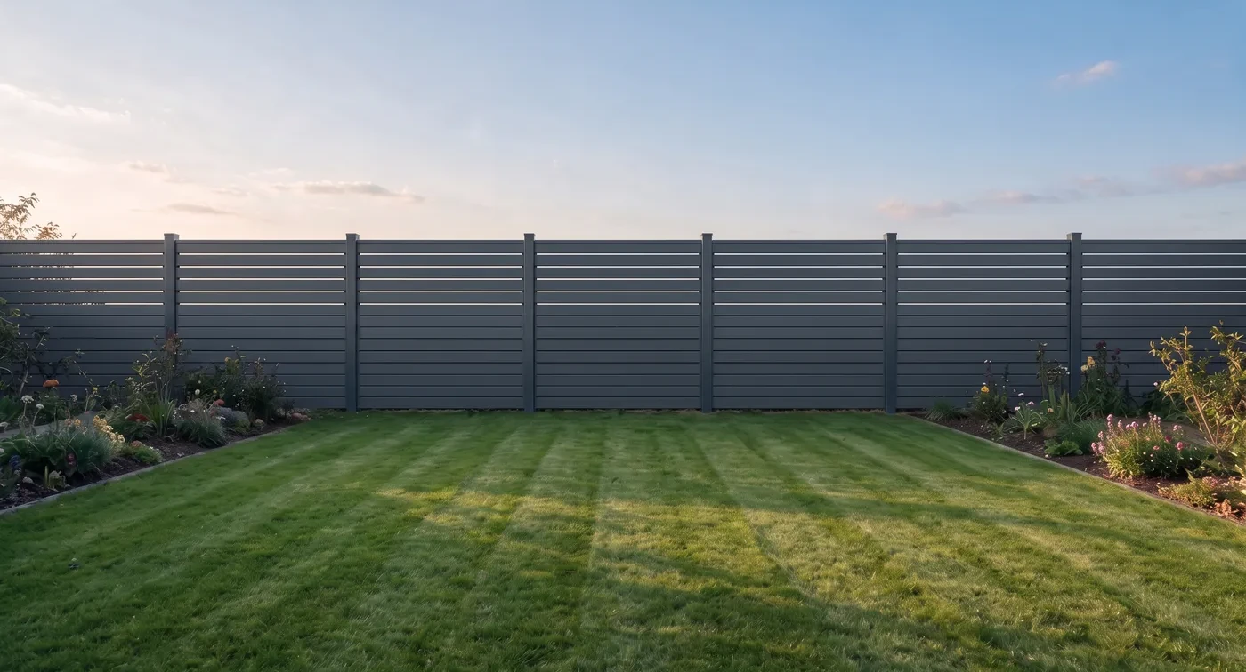 Horizontal steel fence shown in a garden, anthracite