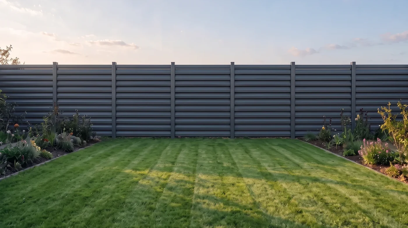 Rhombus steel fence shown in a garden, anthracite